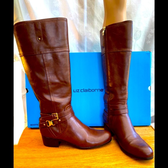 Liz Claiborne Shoes - LIZ CLAIBORNE LC GOLD-BUCKLED “TORY” HEELED RIDING BOOTS